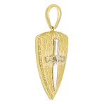 10k Yellow Gold + 10k White Gold Solid Textrued Shield Sword Pendant // 2"