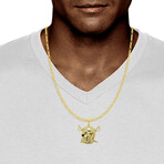 10k Yellow Gold + Cubic Zirconia Solid Mask Pirate Skull Sword Pendant // 2.25"