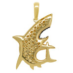 10k Yellow Gold + Cubic Zirconia Solid Shark Pendant // 2"