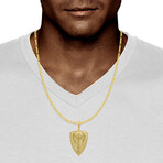 10k Yellow Gold Solid Textured Double Axe Shield Pendant // 2"
