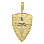 10k Yellow Gold + 10k White Gold Solid Textrued Shield Sword Pendant // 2"