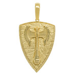 10k Yellow Gold Solid Textured Double Axe Shield Pendant // 2"