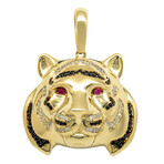 10k Yellow Gold + Ruby + Cubic Zirconia Solid Tiger Head Pendant // 2"