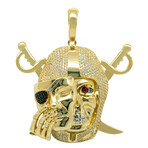 10k Yellow Gold + Cubic Zirconia Solid Mask Pirate Skull Sword Pendant // 2.25"