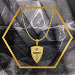 10k Yellow Gold + 10k White Gold Solid Textrued Shield Sword Pendant // 2"