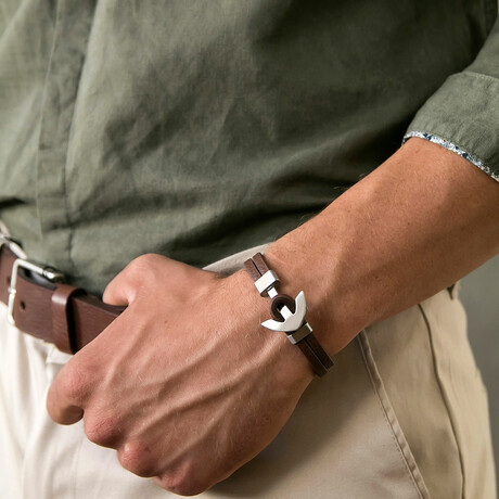 Obabika Anchor Leather Bracelet // Brown + Silver