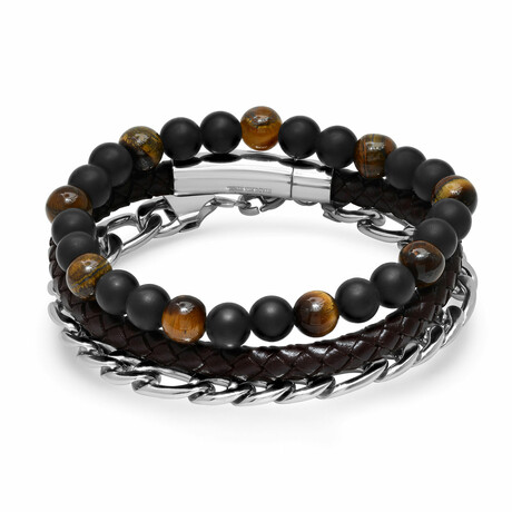 Leather + Tiger Eye + Stainless Steel Bracelets V1 // Set Of 3