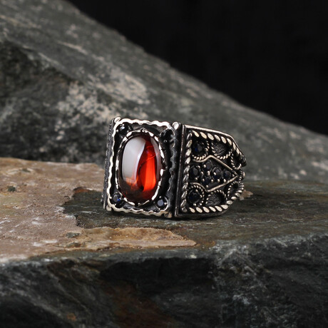 Lal Stone Silver Ring (Ring Size: 6)