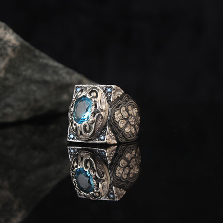 Blue Topaz Gemstone Black Ring (Ring Size: 6)