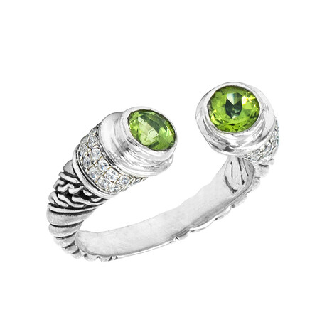 Bali Sterling Silver Peridot + CZ Cuff Ring (Size 8)