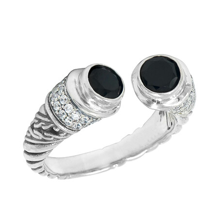Bali Sterling Silver+  Black Spinel + CZ Cuff Ring (Size 5)