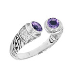 Bali Sterling Silver +  Amethyst + CZ Cuff Ring (Size 5)