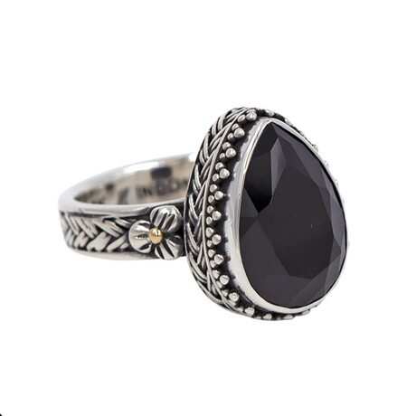 Bali Sterling Silver + 18K Black Spinel Basket Weave Ring (Size 6)