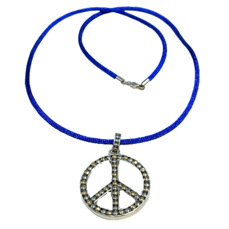 Bali Sterling Silver + 18K Peace Sign Pendant + 18" Blue Silk Cord