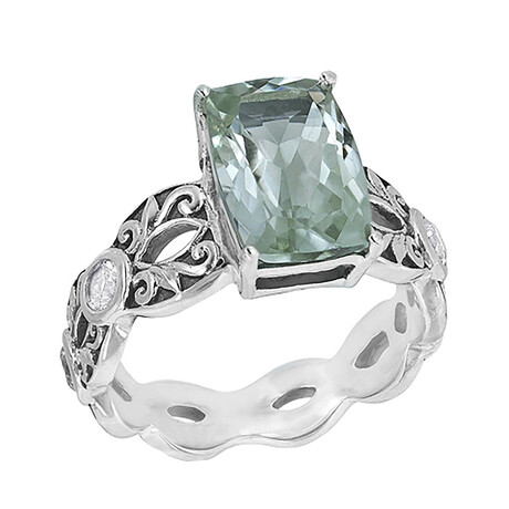 Bali Sterling Silver + Prasiolite + White Topaz Scrollwork Ring (Size 6)