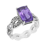 Bali Sterling Silver + Amethyst + White Topaz Scrollwork Ring (Size 5)