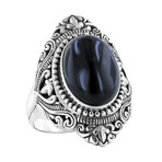 Bali Sterling Silver + Onyx Scrollwork Ring (Size 5)