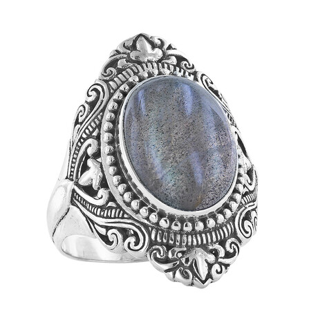 Bali Sterling Silver + Labradorite Scrollwork Ring (Size 5)