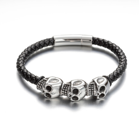 Skull Head Titanium + Leather Bracelet // 8"