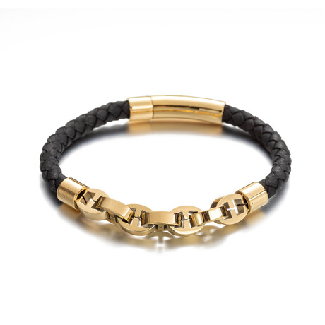 Danny Titanium 18K Gold Plated + Leather Braided Bracelet // 8"