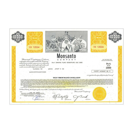 Monsanto Co. Stock Certificate // 10,000 Shares // Yellow // 1970s