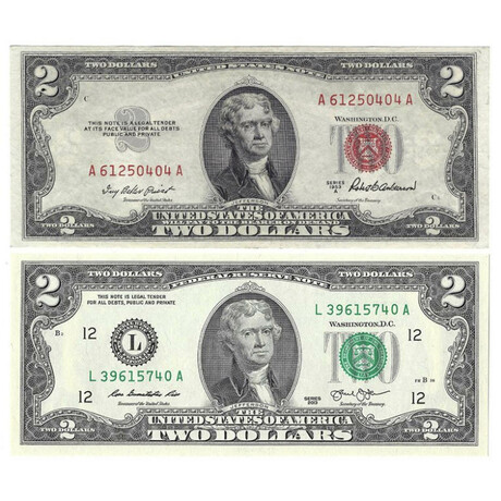 $2 United States Currency Set of 2 // Red & Green Seals // Almost Unc. to Uncirculated // 1953-2013