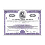 United Airlines Inc. Stock Certificate // 1,000 Shares // Purple // 1970s