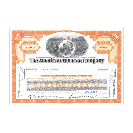 American Tobacco Co. Stock Certificate // 100 Shares // Orange // 1960s