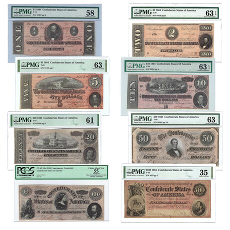 1864 Notes of the Confederacy // 8 Note Set // PCGS & PMG Certified // $1, $2, $5, $10, $20, $50, $100, $500