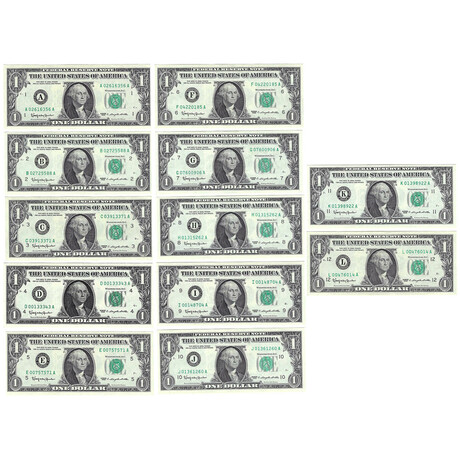 1963 $1 U.S. Federal Reserve Notes // 12 District Set ABCDEFGHIJKL // Deluxe Collector's Pouch