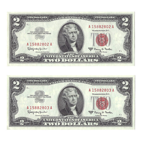 1963 $2 Legal Tender Note // Sequential Set of 2 // Choice Crisp Uncirculated // Deluxe Collector's Pouch