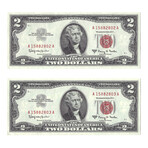 1963 $2 Legal Tender Note // Sequential Set of 2 // Choice Crisp Uncirculated // Deluxe Collector's Pouch