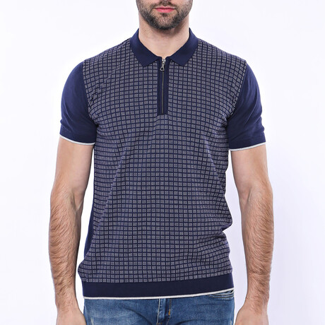 Camden Plaid Zippered Knitted Polo // Navy (S)