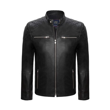 Quilted Shoulders Racer Leather Jacket // Black (S)
