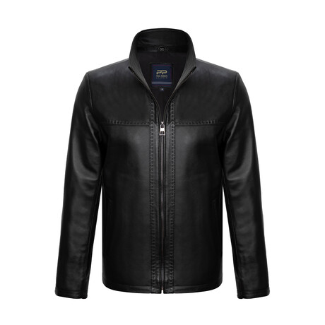 Mock Neck Seams Detail Casual Leather Jacket // Black (S)
