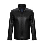 Mock Neck Seams Detail Casual Leather Jacket // Black (M)