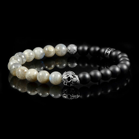 Steel Skull + Labradorite + Matte Onyx Stone Stretch Bracelet // 8.5"