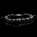 Black Plated Steel Skull + Onyx Stone Adjustable Bracelet // 8.5"