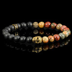 Gold Plated Steel Skull + Picasso Jasper + Matte Onyx Stone Stretch Bracelet // 8.5"