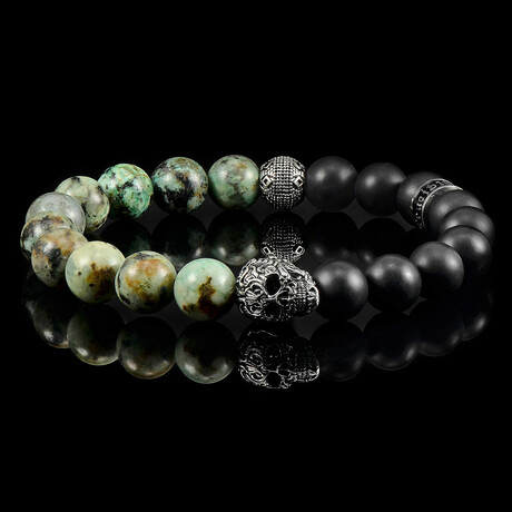 Steel Skull + African Turquoise + Matte Onyx Stone Stretch Bracelet // 8.25"