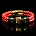 Gold Plated Stainless Steel Distressed Red Leather Cuff Bracelet // 8.5"