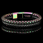 Polished Iridescent Plated Stainless Steel Box Chain + Leather Cuff Bracelet // 8.5"