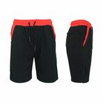 French Terry Jogger Lounge Shorts With Contrast Trim Design // Black + Red (L)