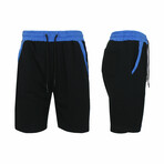 French Terry Jogger Lounge Shorts With Contrast Trim Design // Black + Royal (XL)