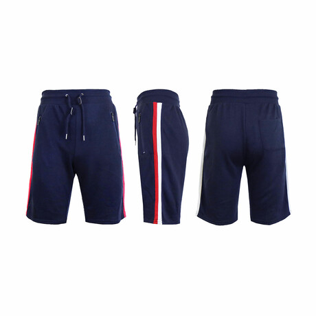 French Terry Jogger Lounge Shorts With Dual Side Stripe // Navy (S)