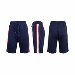 French Terry Jogger Lounge Shorts With Dual Side Stripe // Navy (M)