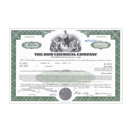 Dow Chemical Co. Stock Certificate // Shares Vary // Green // 1970s