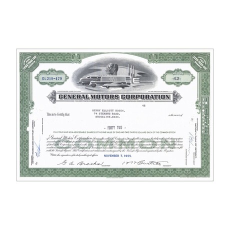 General Motors Stock Certificate // 1-99 Shares // Green // 1960s-80s