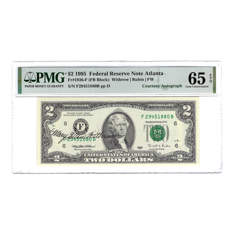 1995 $2 Federal Reserve Note // Autographed by U.S. Treasurer Mary Ellen Withrow // PMG Certified Gem Uncirculated 65 EPQ
