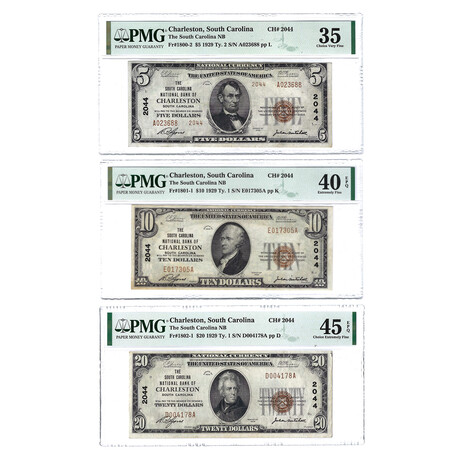 1929 Small Size Charleston, South Carolina National Banknote // $5, $10, $20 // Set of 3 // PMG Certified